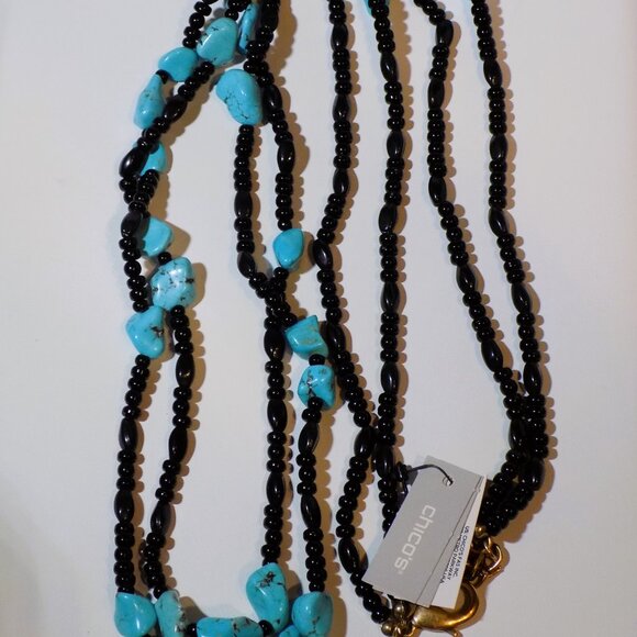 New w/$65.50 Tag Chico's Cayman Black Turquoise Double Strand Beaded Necklace - Picture 5 of 9